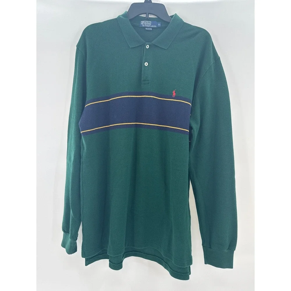 VINTAGE Polo Ralph Lauren Long Sleeve Polo Shirt Green Navy‎ Yellow Stripe XL